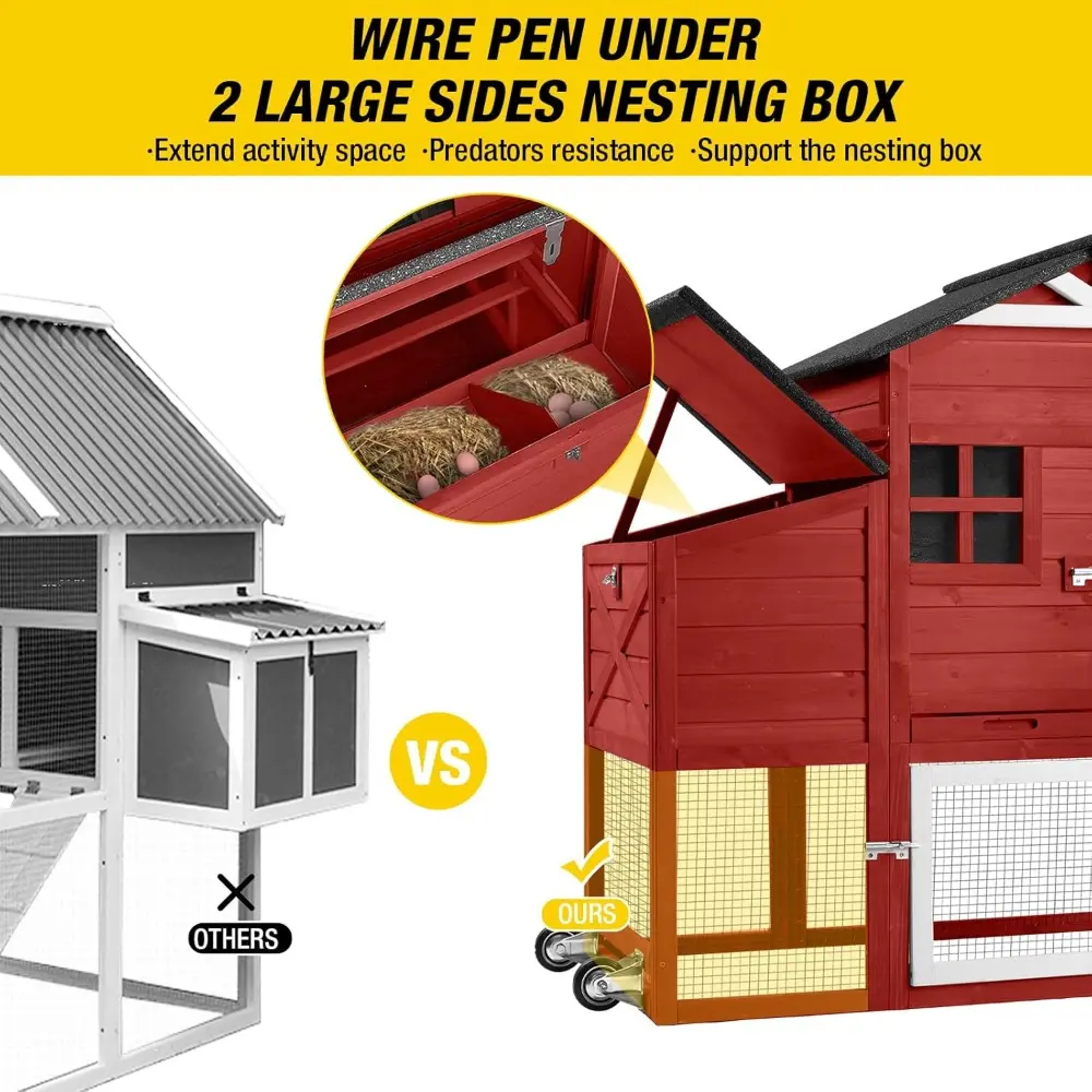 Chicken Coop Mobile Chicken House on Wheels Expandable Wooden Poultry Cage with Large Nesting Box Leakproof Pull-Out Tray Rabbi