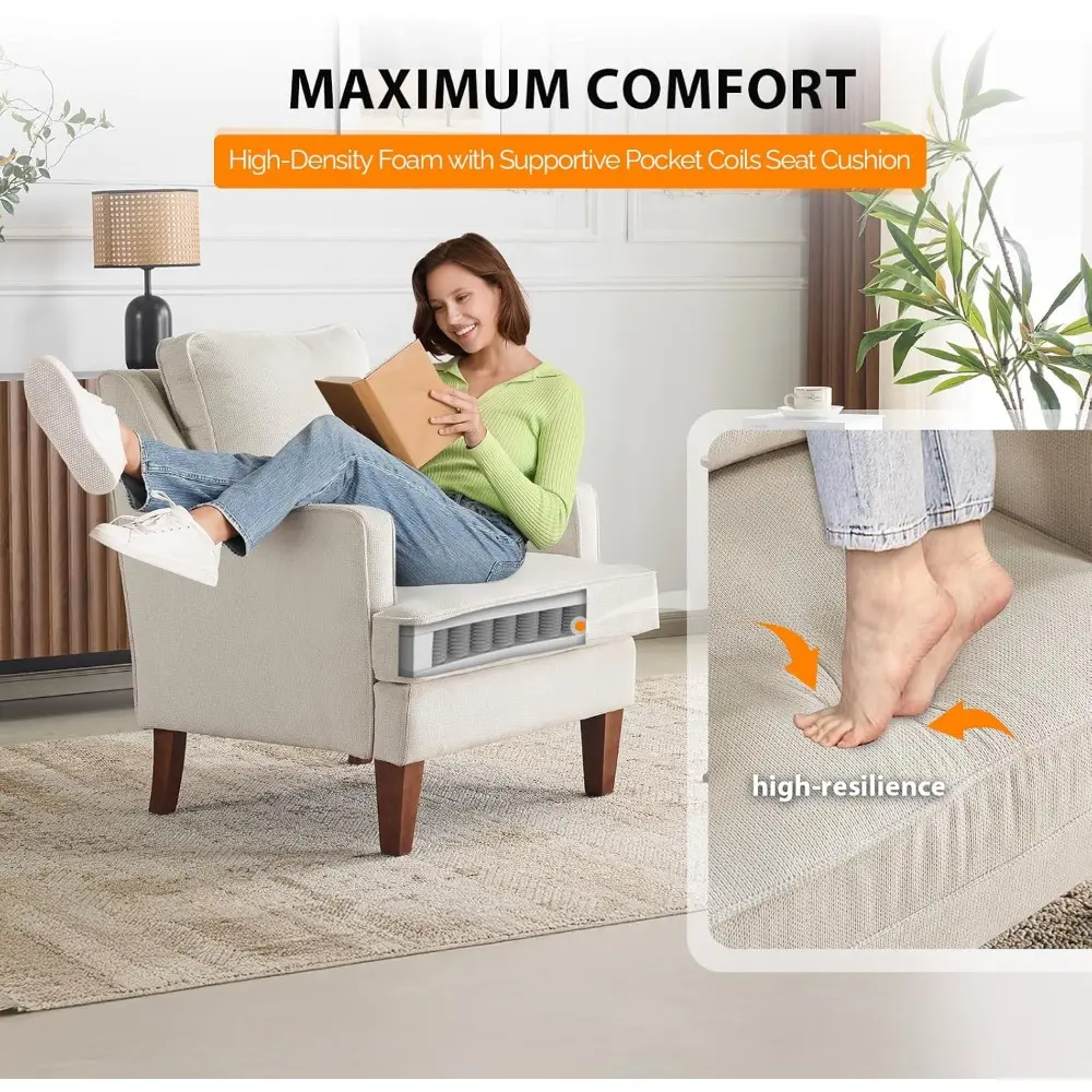 Mid-Century Accent Chairs Set of 2, Beige Upholstered Armchair Comfy Sofa Chairs Reading Chair High Back Living Room Bedroom Fu