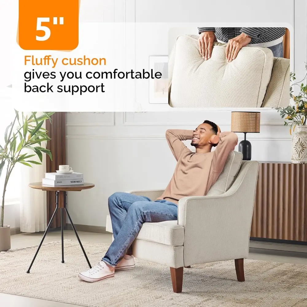 Mid-Century Accent Chairs Set of 2, Beige Upholstered Armchair Comfy Sofa Chairs Reading Chair High Back Living Room Bedroom Fu