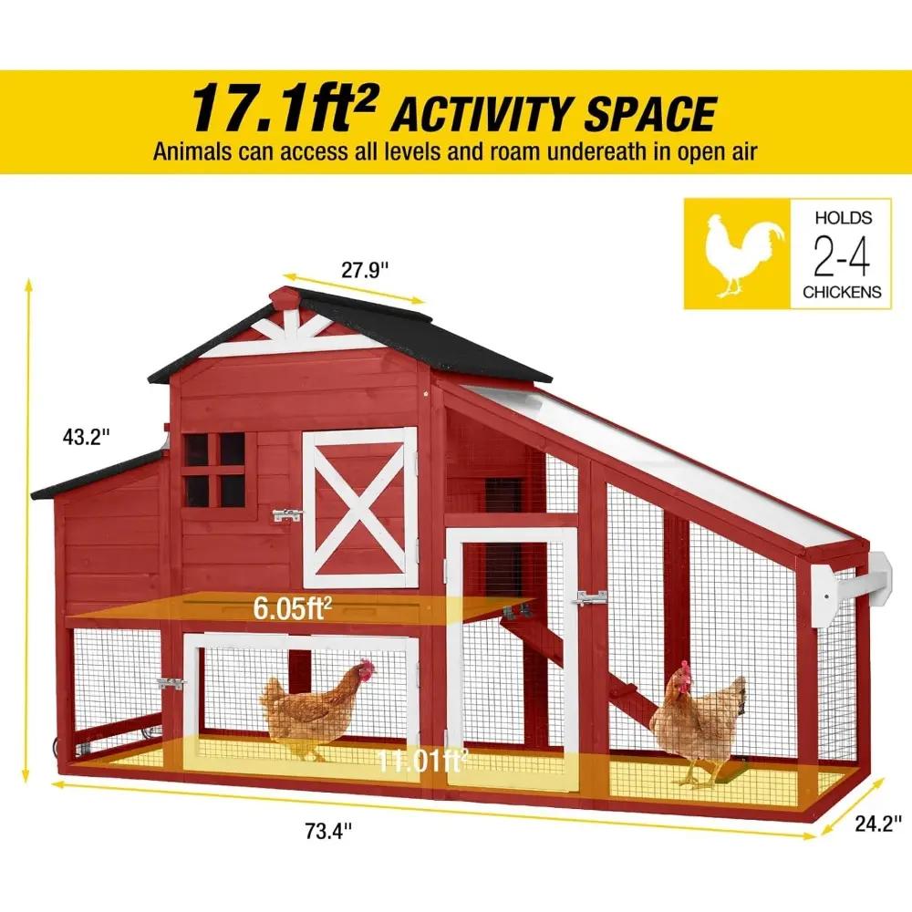 Chicken Coop Mobile Chicken House on Wheels Expandable Wooden Poultry Cage with Large Nesting Box Leakproof Pull-Out Tray Rabbi
