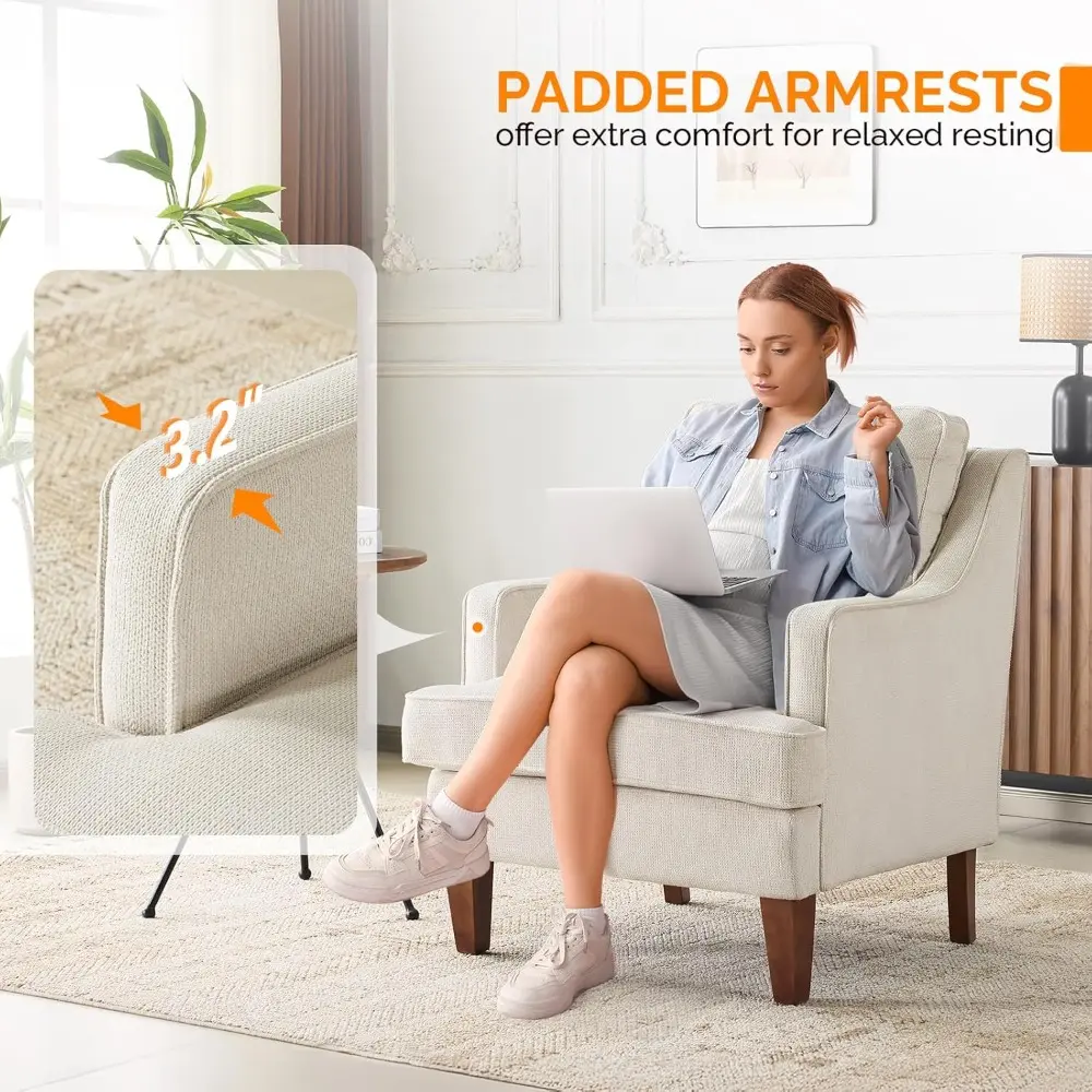 Mid-Century Accent Chairs Set of 2, Beige Upholstered Armchair Comfy Sofa Chairs Reading Chair High Back Living Room Bedroom Fu