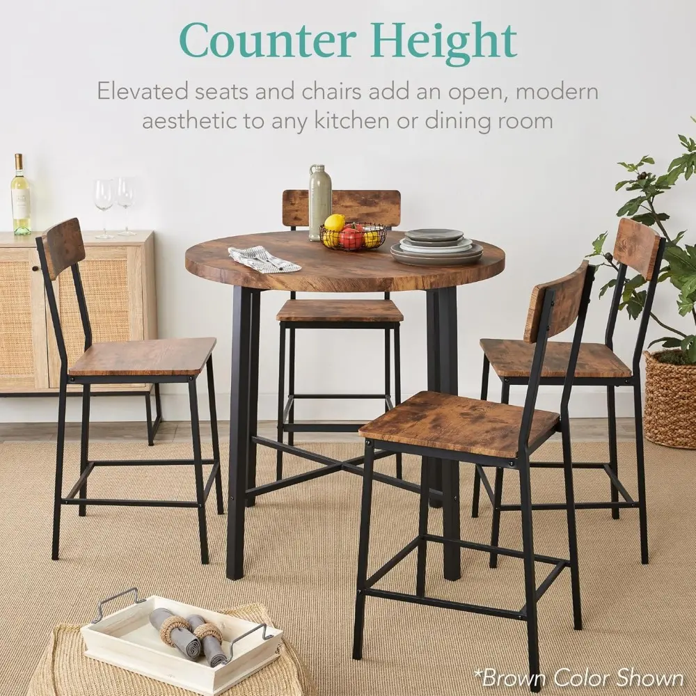 5-Piece Modern Round Counter Height Dining Set for Home Kitchen, Dining Room w/ 4 Chairs, 1.5in Thick Table - Dark Walnut