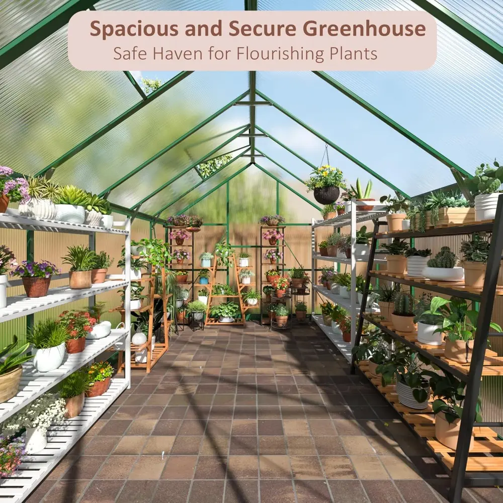Greenhouse - 8x12 FT, Polycarbonate, Aluminum Frame, Roof Vent, Large Walk-in, Green
