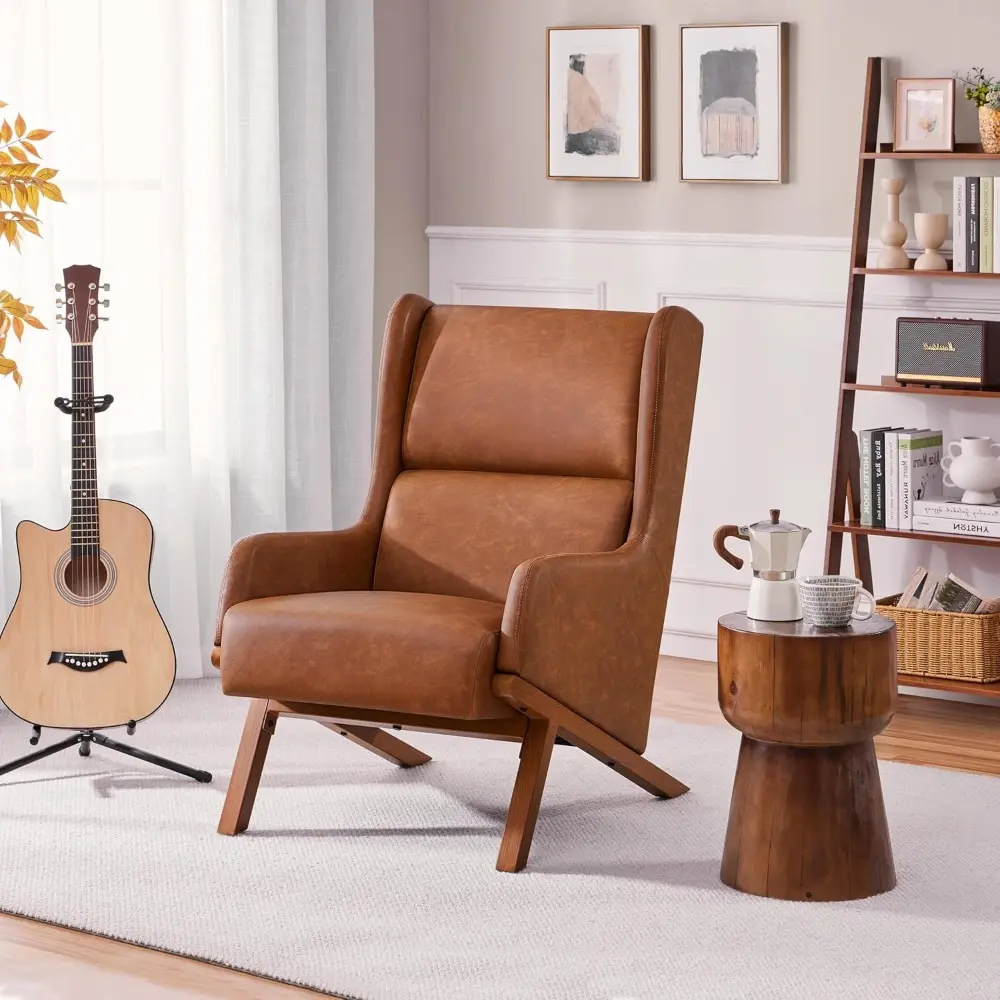 Accent Chairs Set of 2, Living Room Chairs, Faux Leather Armchairs Thick Seat Cushion, Oversized Recliner Chair High Backrest f