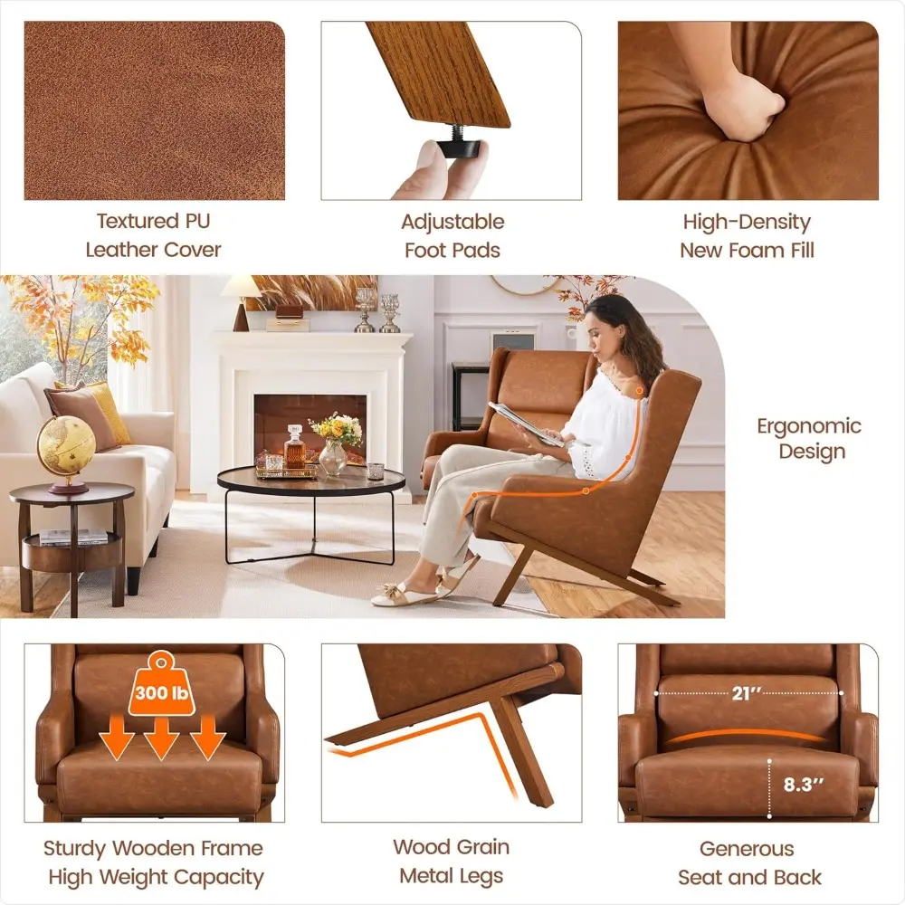 Accent Chairs Set of 2, Living Room Chairs, Faux Leather Armchairs Thick Seat Cushion, Oversized Recliner Chair High Backrest f