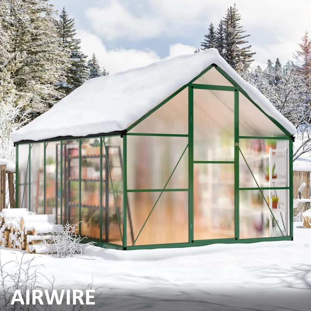 Greenhouse - 8x12 FT, Polycarbonate, Aluminum Frame, Roof Vent, Large Walk-in, Green