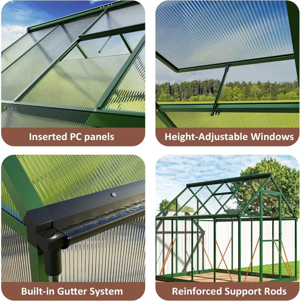 Greenhouse - 8x12 FT, Polycarbonate, Aluminum Frame, Roof Vent, Large Walk-in, Green