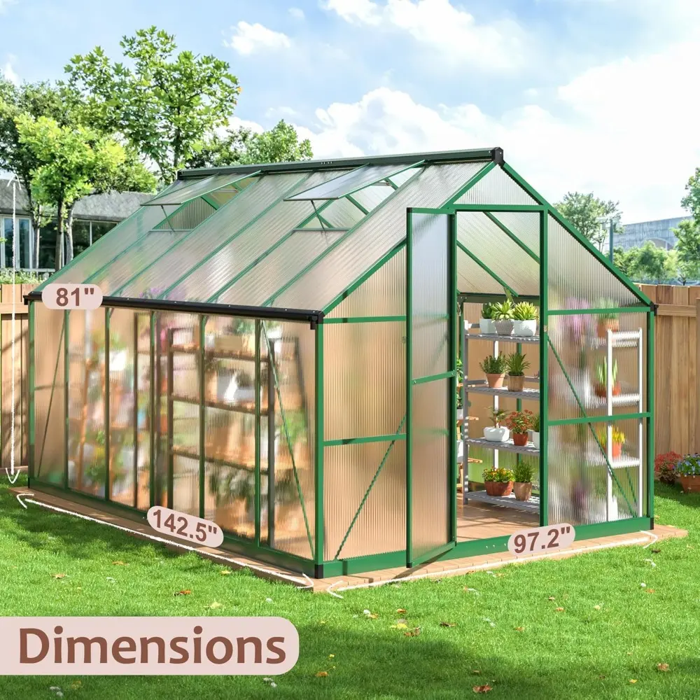 Greenhouse - 8x12 FT, Polycarbonate, Aluminum Frame, Roof Vent, Large Walk-in, Green