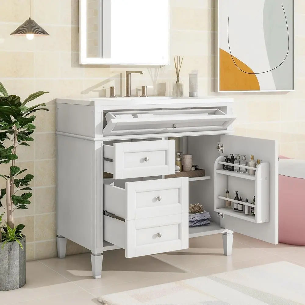 36 Inch Bathroom Vanity with Sink Combo, Solid Wood Frame Bathroom Vanities with 2 Drawers & Soft Closing Doors & Tip-Out Drawe