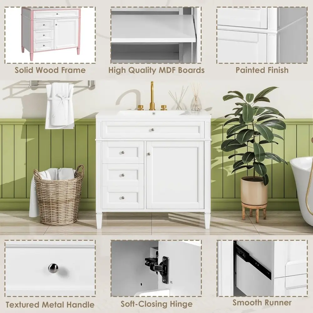 36 Inch Bathroom Vanity with Sink Combo, Solid Wood Frame Bathroom Vanities with 2 Drawers & Soft Closing Doors & Tip-Out Drawe
