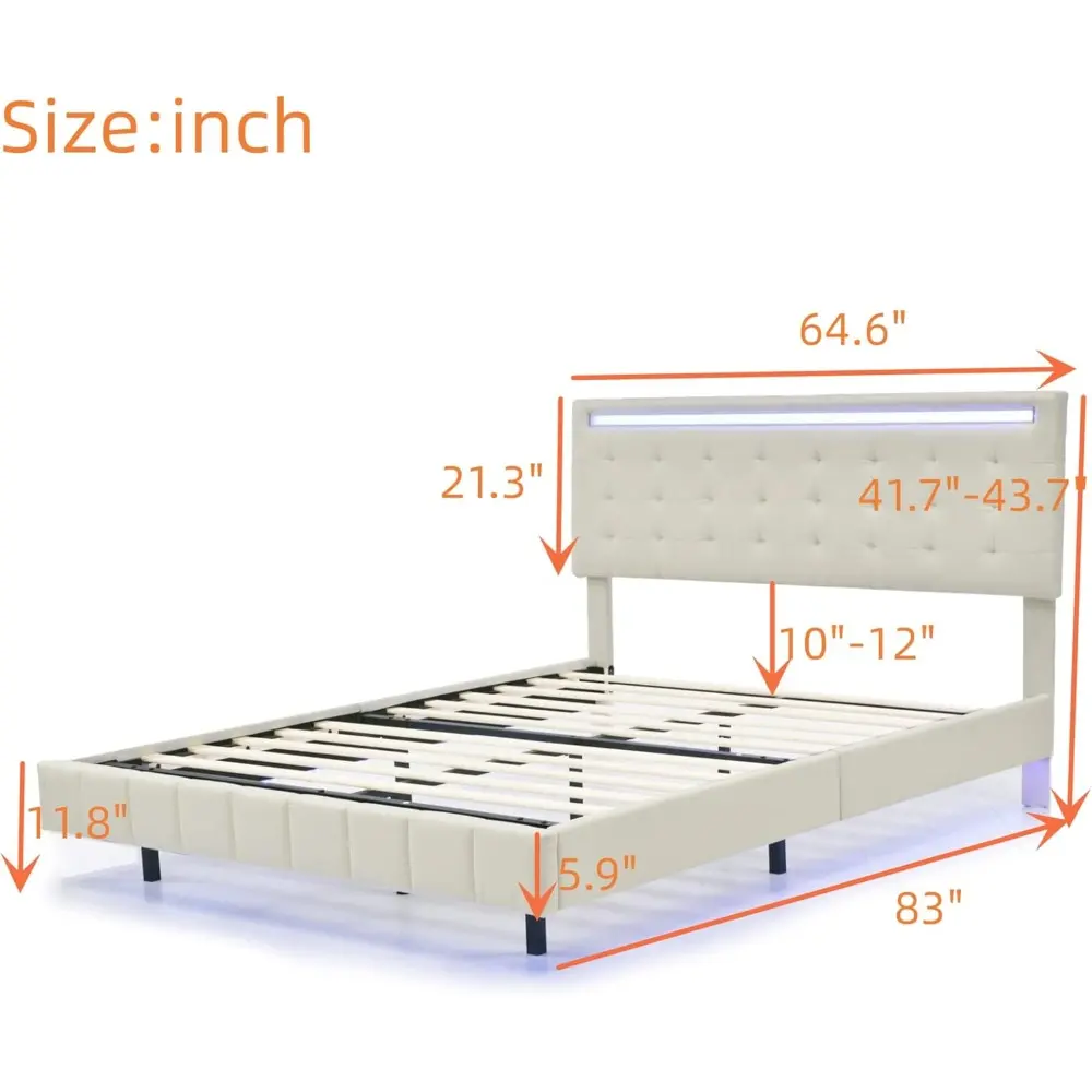 Queen Size Floating Bed Frame with LED Lights and USB Charging,Modern Upholstered Platform LED Bed Frame (Beige+Linen, Queen)