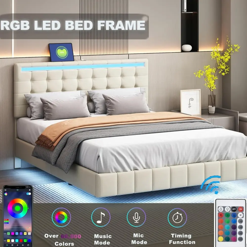 Queen Size Floating Bed Frame with LED Lights and USB Charging,Modern Upholstered Platform LED Bed Frame (Beige+Linen, Queen)