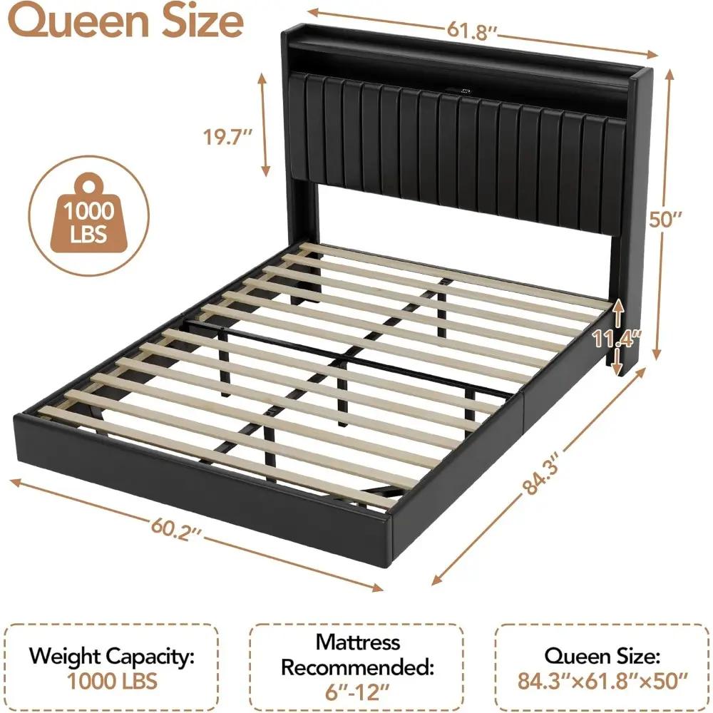 GAOMON Queen Floating Bed Frame with LED Lights & Charging Station, Upholstered Leather Platform Bed Frame with Headboard, 50" T