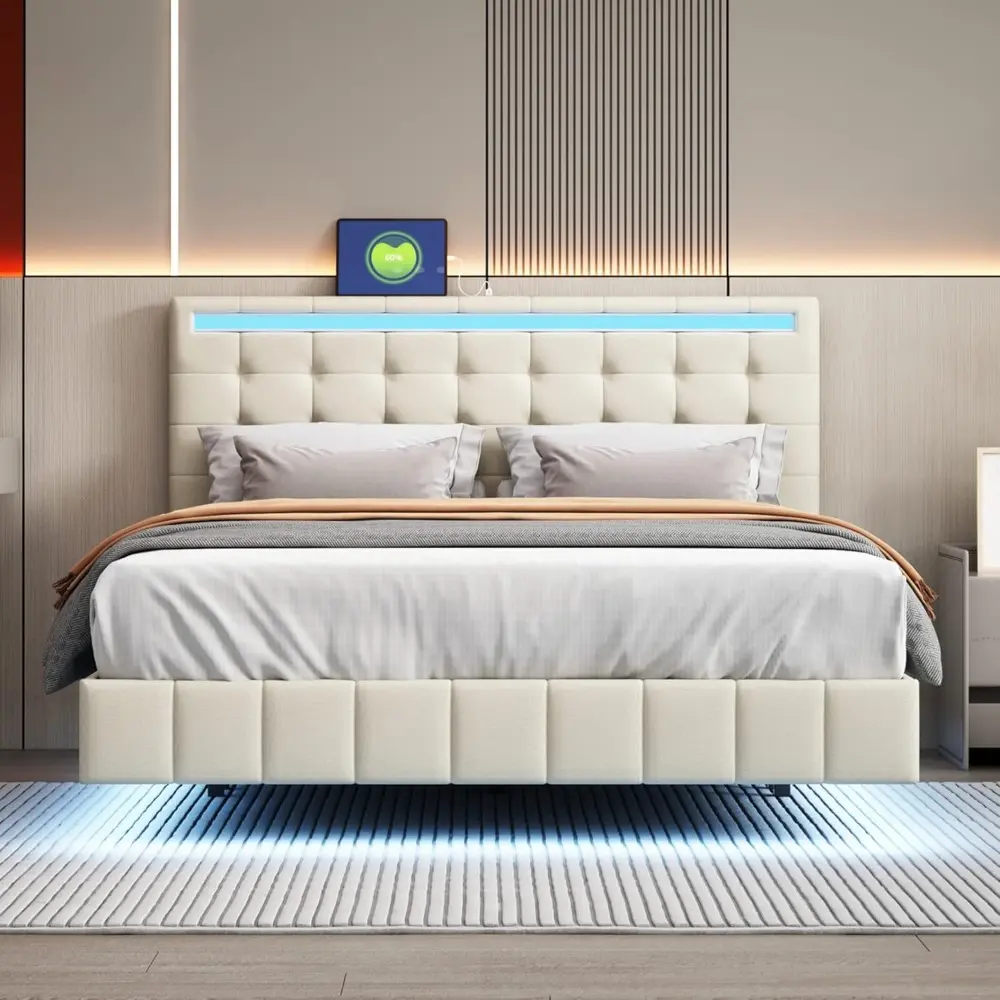 Queen Size Floating Bed Frame with LED Lights and USB Charging,Modern Upholstered Platform LED Bed Frame (Beige+Linen, Queen)