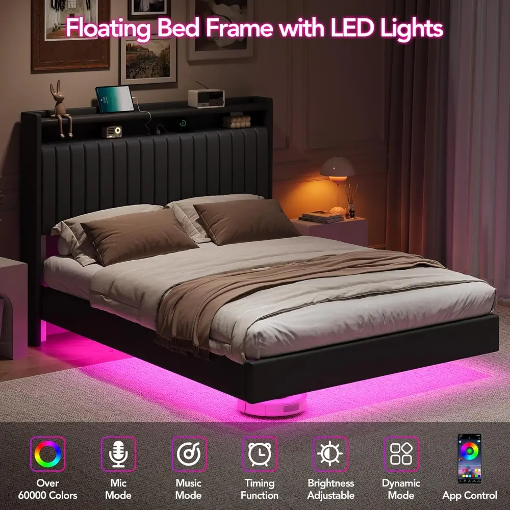 GAOMON Queen Floating Bed Frame with LED Lights & Charging Station, Upholstered Leather Platform Bed Frame with Headboard, 50" T