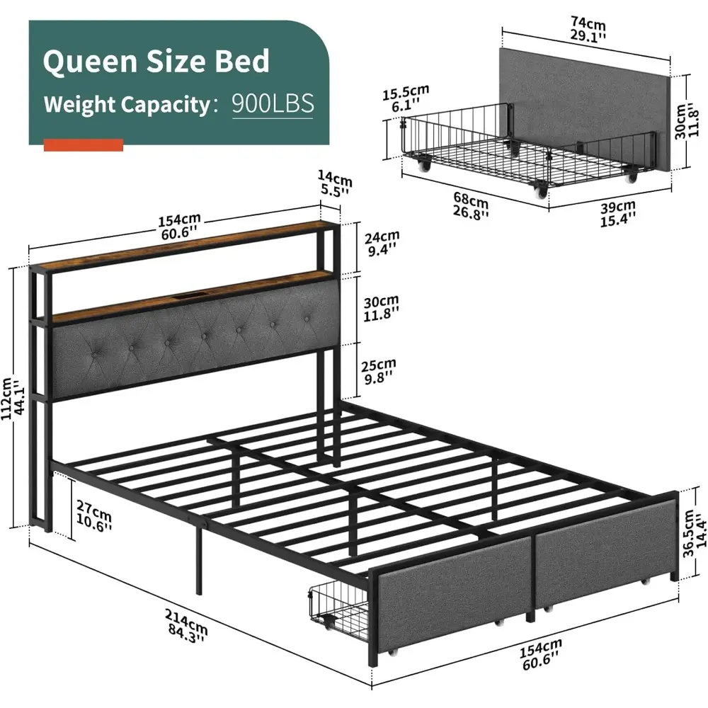 Yoobure Queen Bed Frame with Headboard, Metal Platform Bed Frame Queen Size with Storage Shelf & Drawers, Bed Frames, Bedframe w