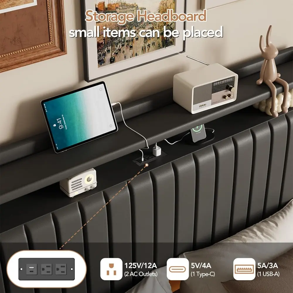 GAOMON Queen Floating Bed Frame with LED Lights & Charging Station, Upholstered Leather Platform Bed Frame with Headboard, 50" T