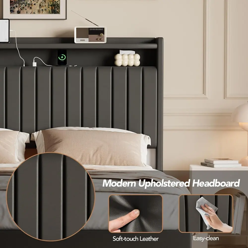 GAOMON Queen Floating Bed Frame with LED Lights & Charging Station, Upholstered Leather Platform Bed Frame with Headboard, 50" T
