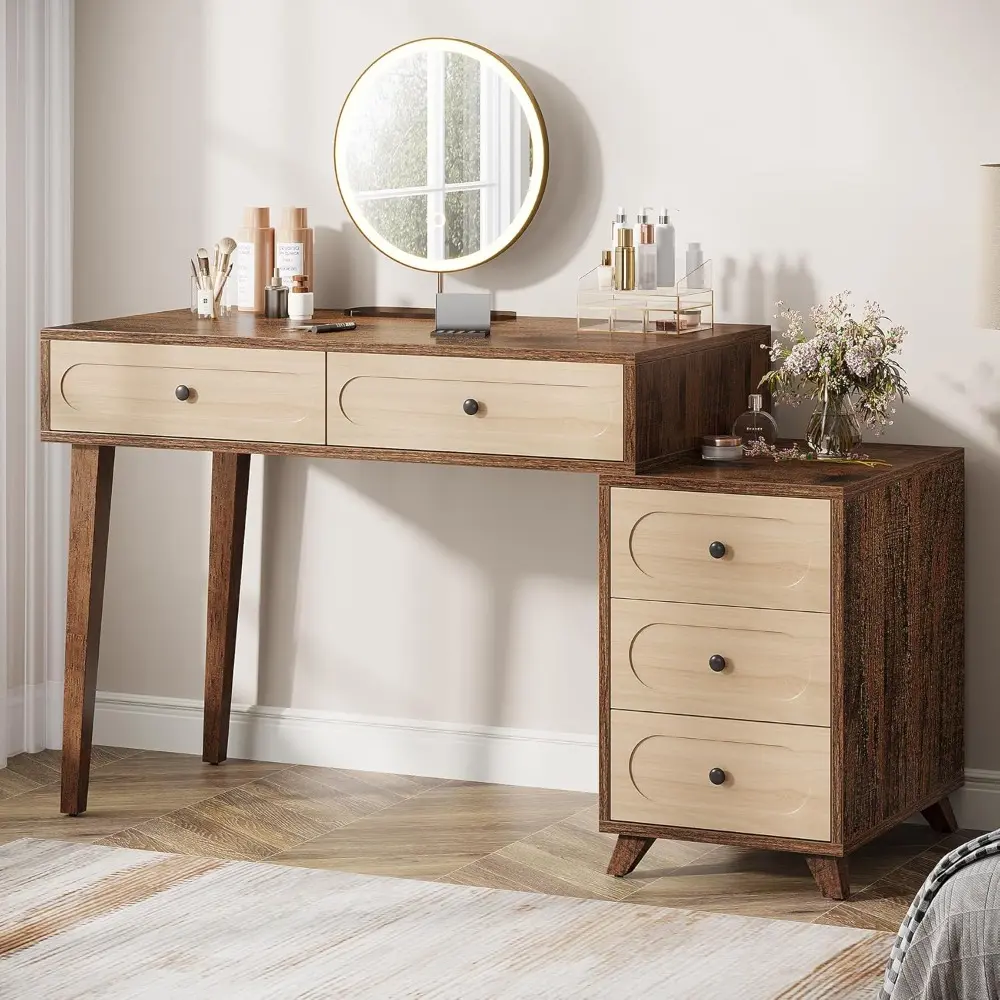 Vanity Desk with 5 Drawers, 51-Inch Makeup Vanity Table for Women Girls, Wooden Dressing Table Set for Makeup Room, Bedroom (Wi
