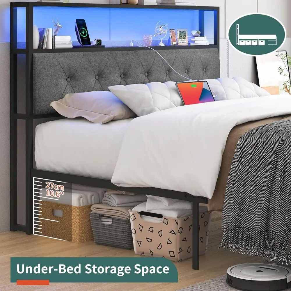 Yoobure Queen Bed Frame with Headboard, Metal Platform Bed Frame Queen Size with Storage Shelf & Drawers, Bed Frames, Bedframe w