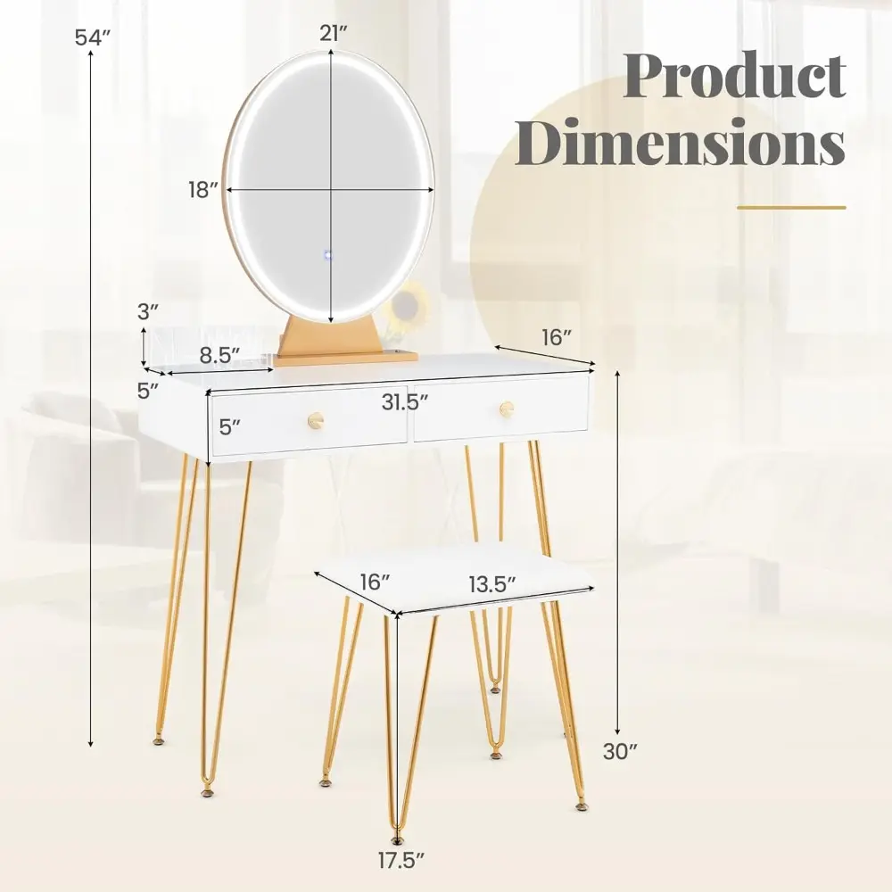 Makeup Vanity Desk with Lighted Mirror, Dressing Table and Chair Set with 3-Color Lighting, Acrylic Makeup Organizer & 2 Large
