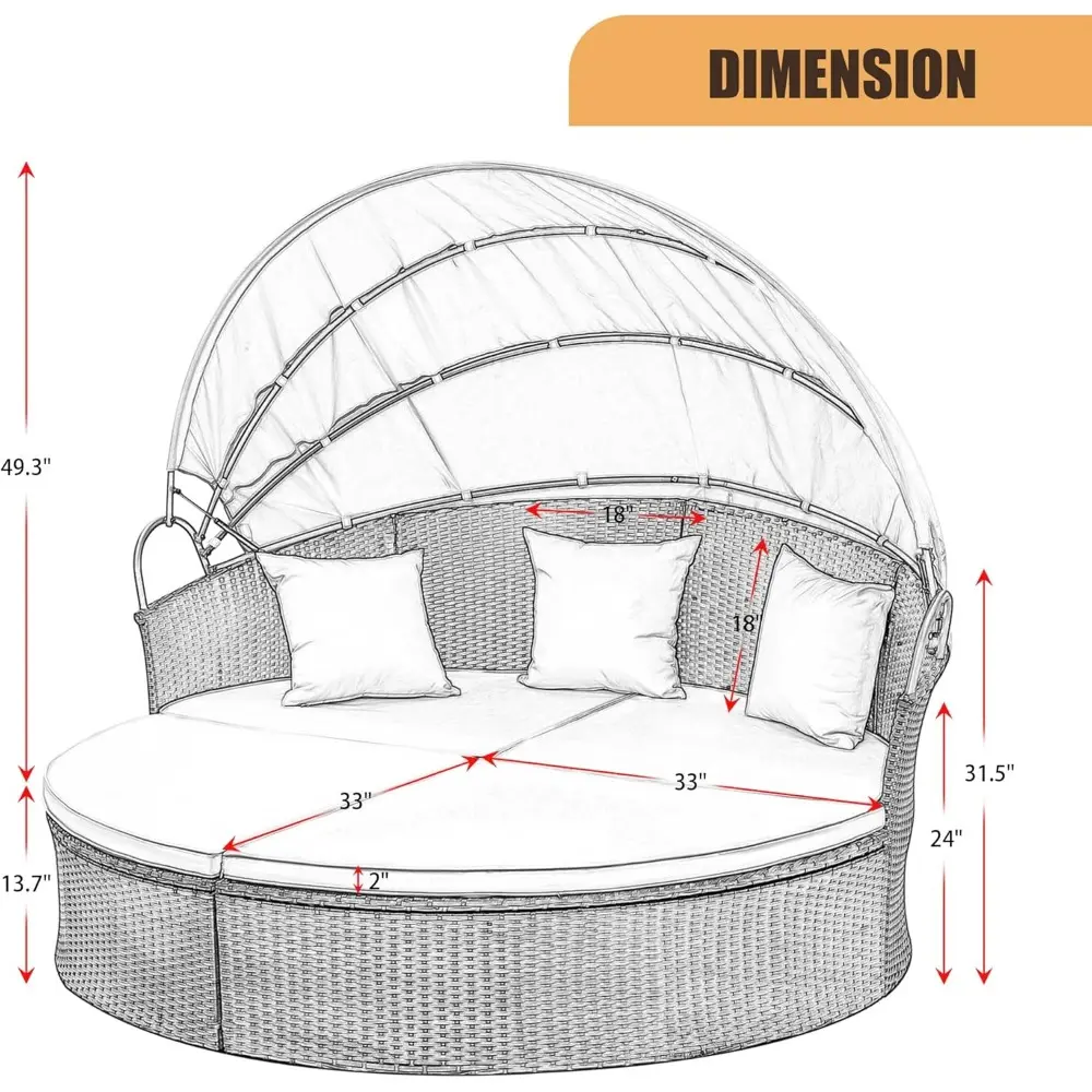 Patio Furniture Round Outdoor Daybed with Retractable Canopy Wicker Rattan Sectional Sofa for Lawn Garden Backyard Pool, Beige