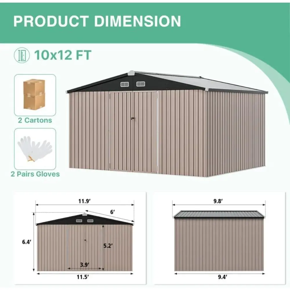 10X12 FT Outdoor Storage Shed, Durable Metal Outside Storage for Garden, Patio and Backyard, Waterproof Shelter for Tools, Equi