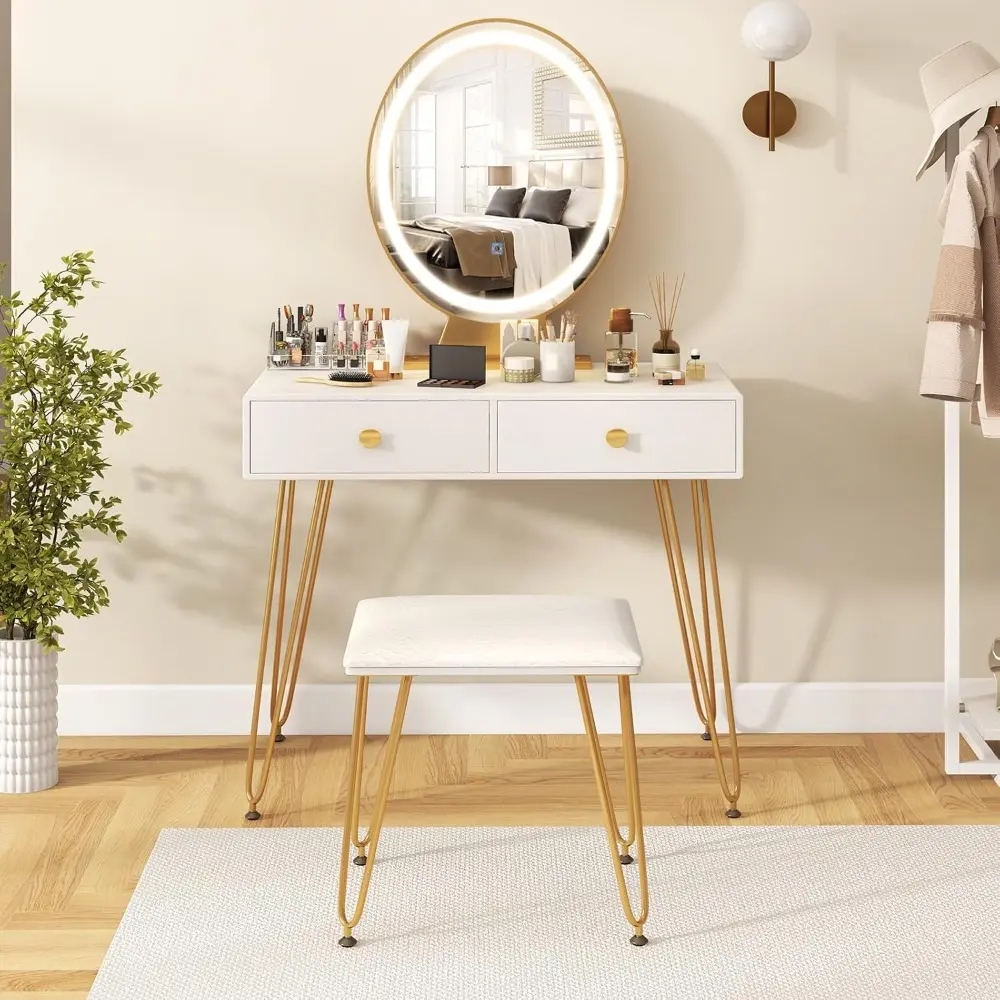 Makeup Vanity Desk with Lighted Mirror, Dressing Table and Chair Set with 3-Color Lighting, Acrylic Makeup Organizer & 2 Large