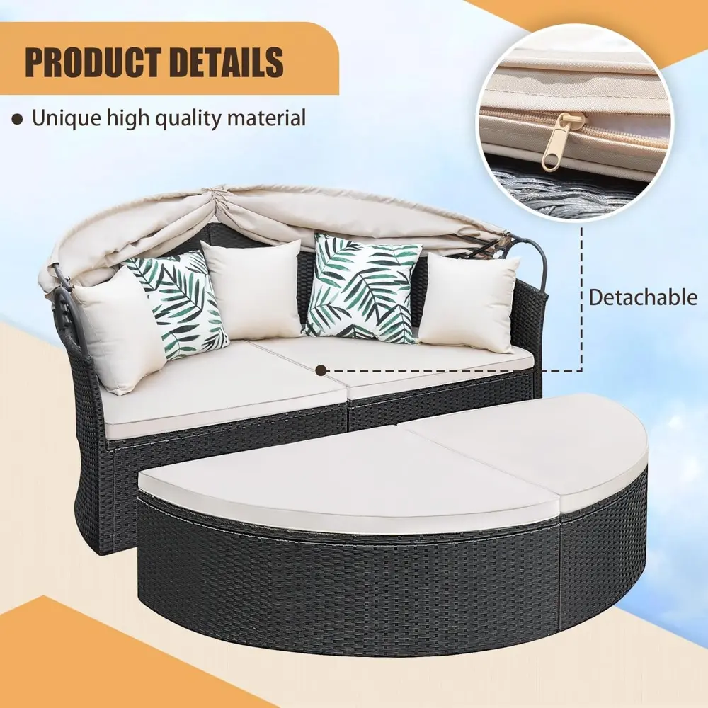 Patio Furniture Round Outdoor Daybed with Retractable Canopy Wicker Rattan Sectional Sofa for Lawn Garden Backyard Pool, Beige