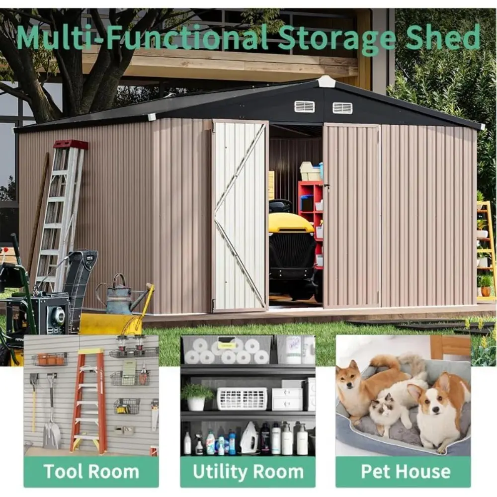 10X12 FT Outdoor Storage Shed, Durable Metal Outside Storage for Garden, Patio and Backyard, Waterproof Shelter for Tools, Equi