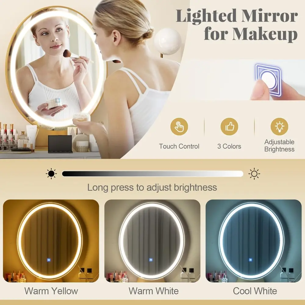 Makeup Vanity Desk with Lighted Mirror, Dressing Table and Chair Set with 3-Color Lighting, Acrylic Makeup Organizer & 2 Large