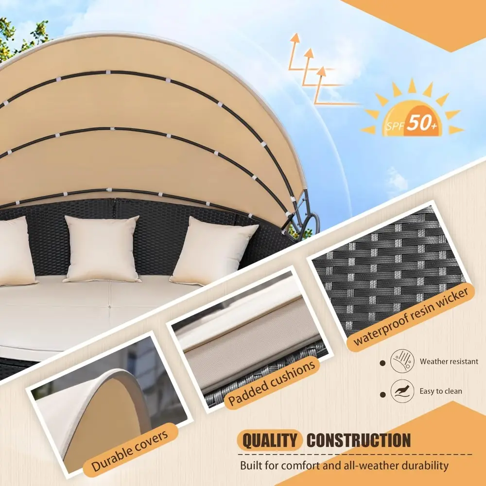Patio Furniture Round Outdoor Daybed with Retractable Canopy Wicker Rattan Sectional Sofa for Lawn Garden Backyard Pool, Beige
