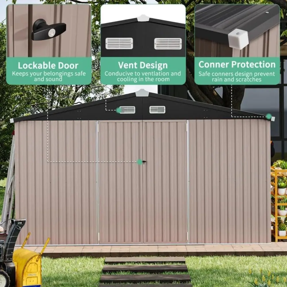 10X12 FT Outdoor Storage Shed, Durable Metal Outside Storage for Garden, Patio and Backyard, Waterproof Shelter for Tools, Equi