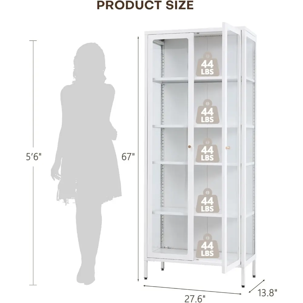 5-Tier Glass Display Cabinet with LED Lights, 67" Tall Metal Curio Cabinets with Glass Door and 4 Adjustable Shelves, Large Dis
