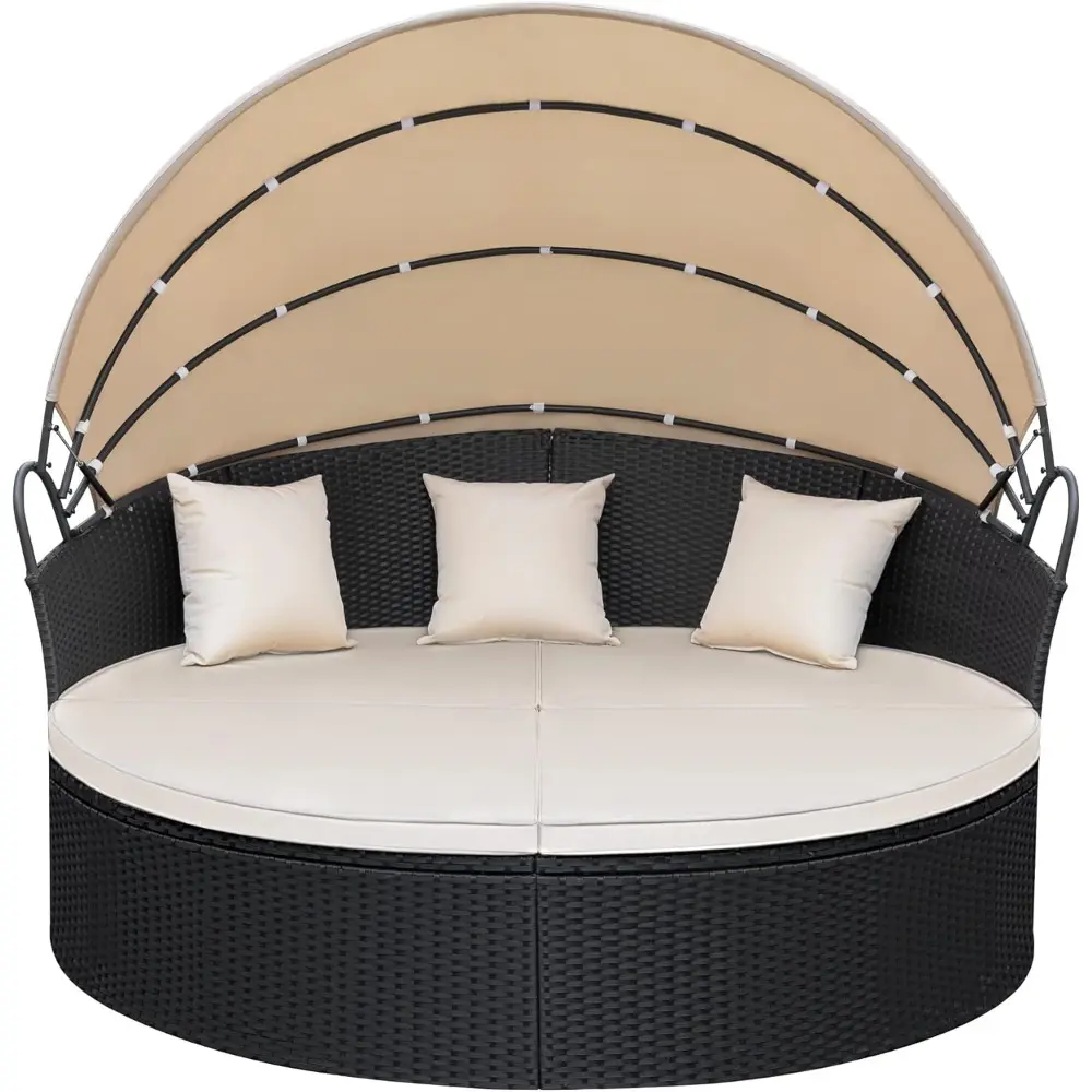 Patio Furniture Round Outdoor Daybed with Retractable Canopy Wicker Rattan Sectional Sofa for Lawn Garden Backyard Pool, Beige