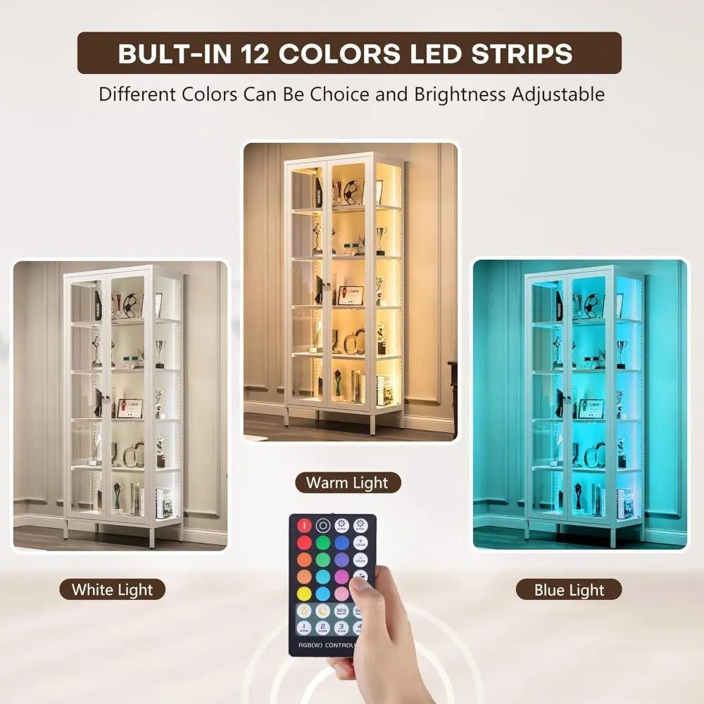 5-Tier Glass Display Cabinet with LED Lights, 67" Tall Metal Curio Cabinets with Glass Door and 4 Adjustable Shelves, Large Dis