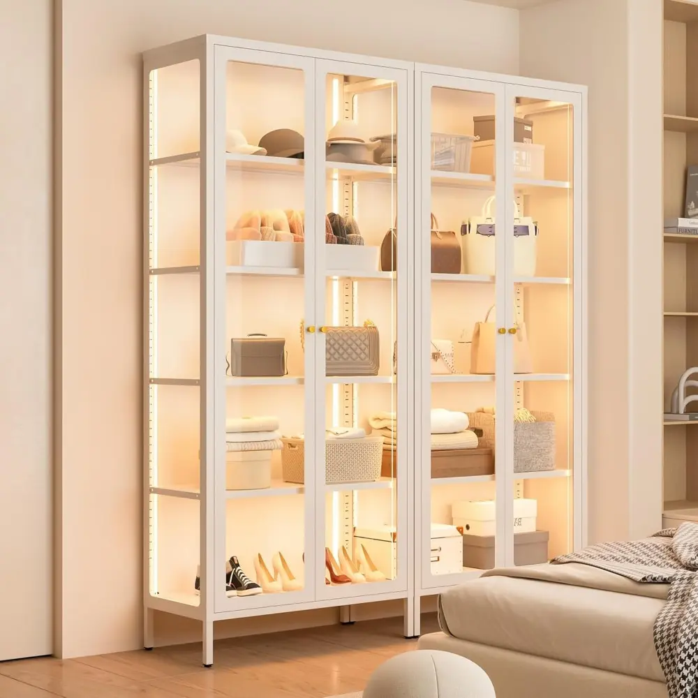 5-Tier Glass Display Cabinet with LED Lights, 67" Tall Metal Curio Cabinets with Glass Door and 4 Adjustable Shelves, Large Dis