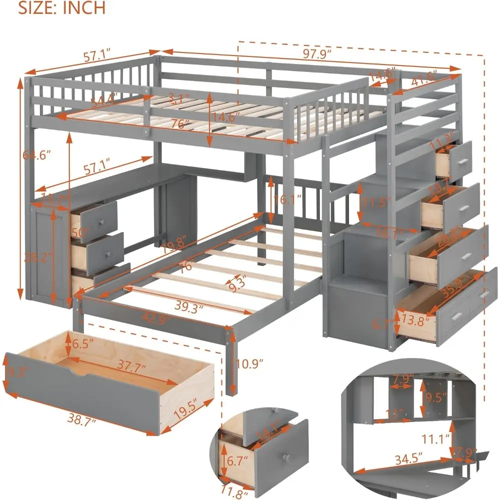 Harper & Bright Designs Full Over Twin Bunk Bed with Stairs, Storage Drawers, Full Size Loft Bed Frame with Desk and Shelves, Gr