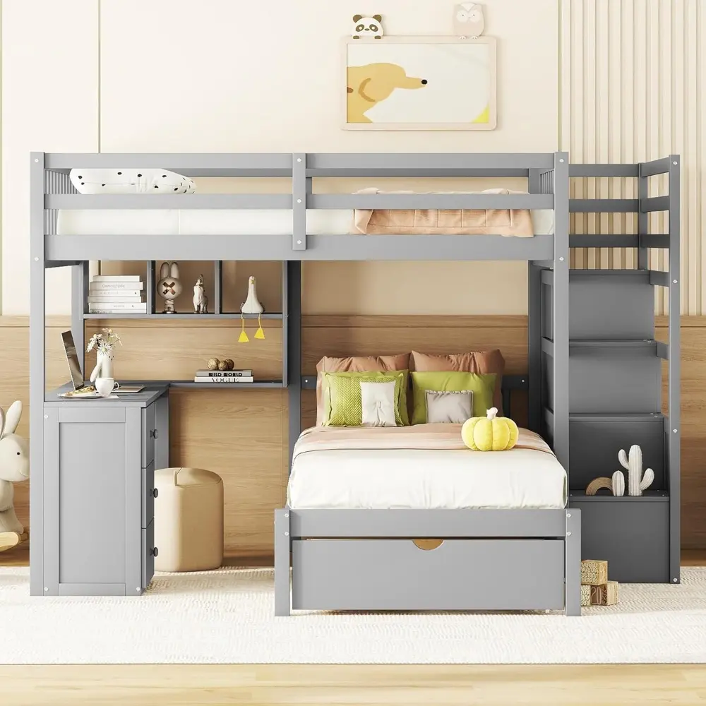 Harper & Bright Designs Full Over Twin Bunk Bed with Stairs, Storage Drawers, Full Size Loft Bed Frame with Desk and Shelves, Gr