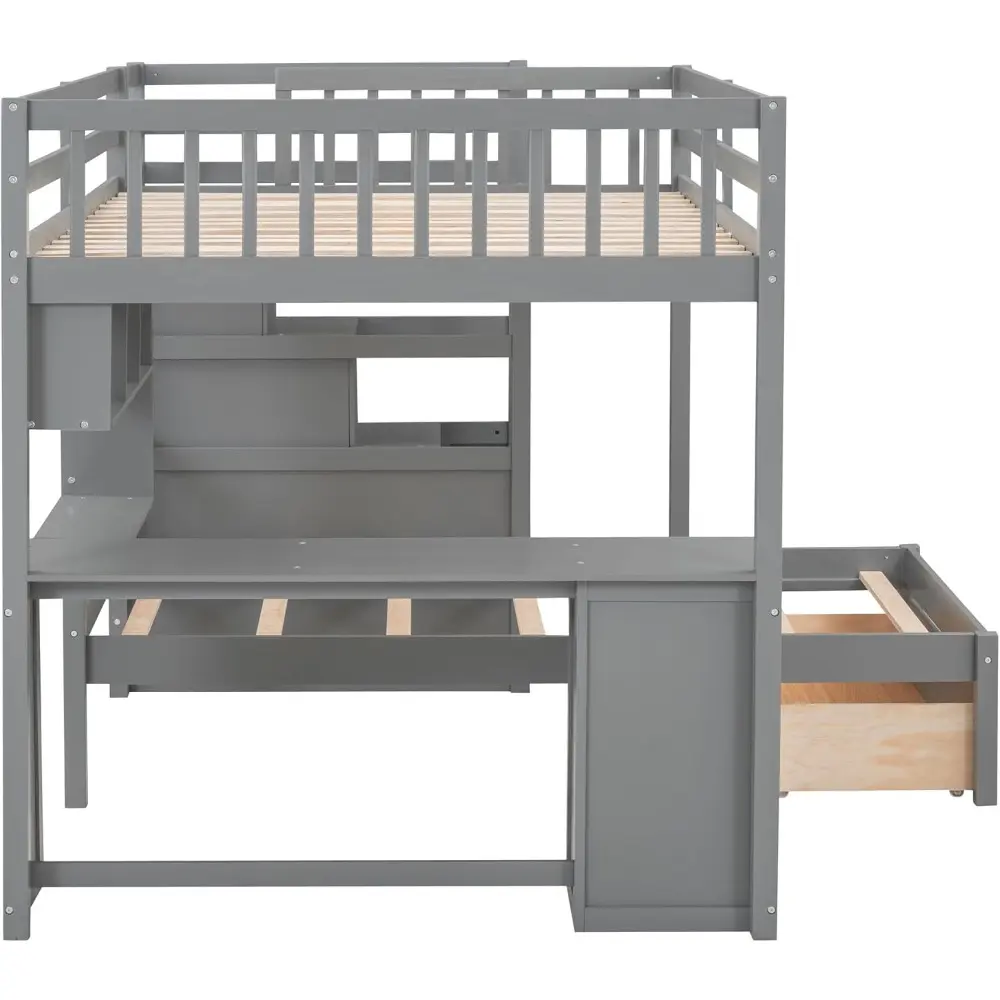 Harper & Bright Designs Full Over Twin Bunk Bed with Stairs, Storage Drawers, Full Size Loft Bed Frame with Desk and Shelves, Gr