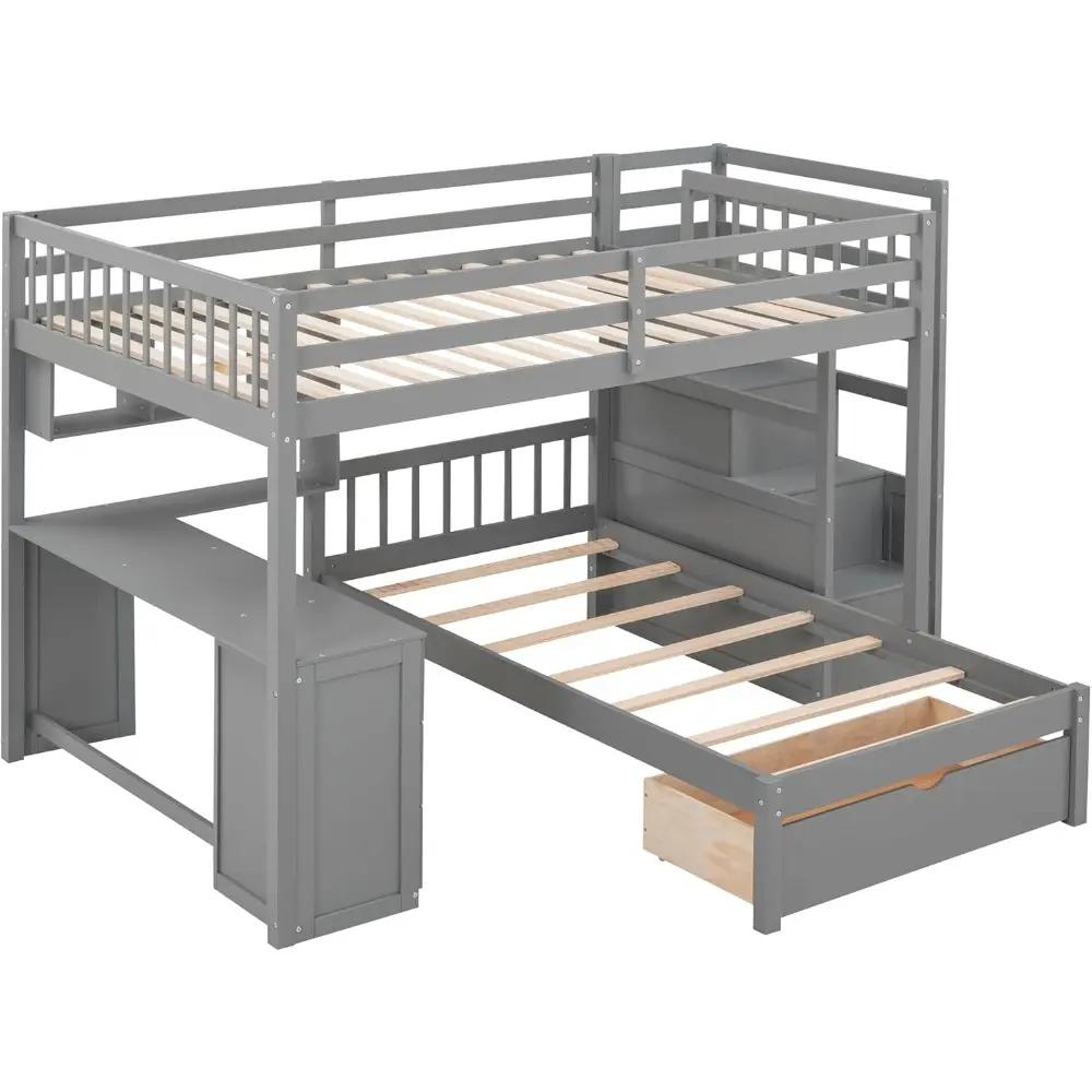 Harper & Bright Designs Full Over Twin Bunk Bed with Stairs, Storage Drawers, Full Size Loft Bed Frame with Desk and Shelves, Gr