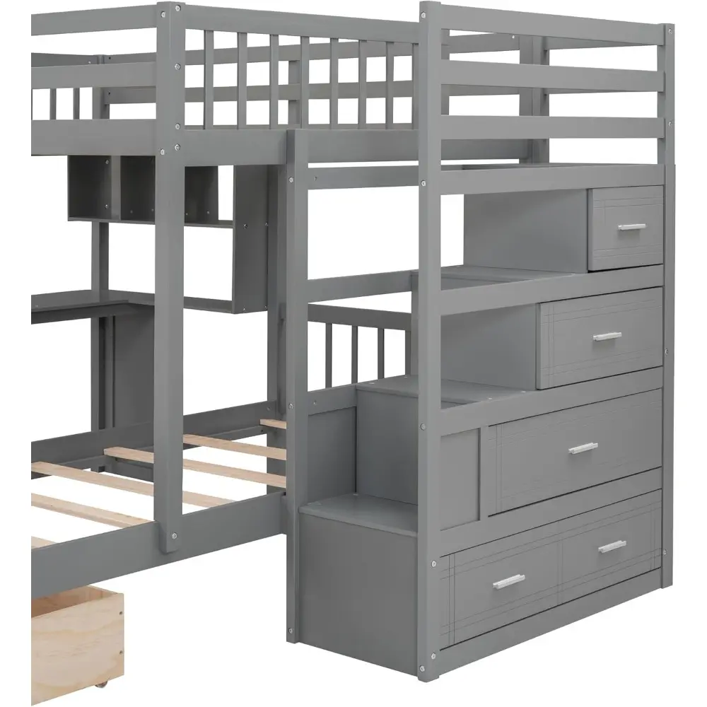 Harper & Bright Designs Full Over Twin Bunk Bed with Stairs, Storage Drawers, Full Size Loft Bed Frame with Desk and Shelves, Gr
