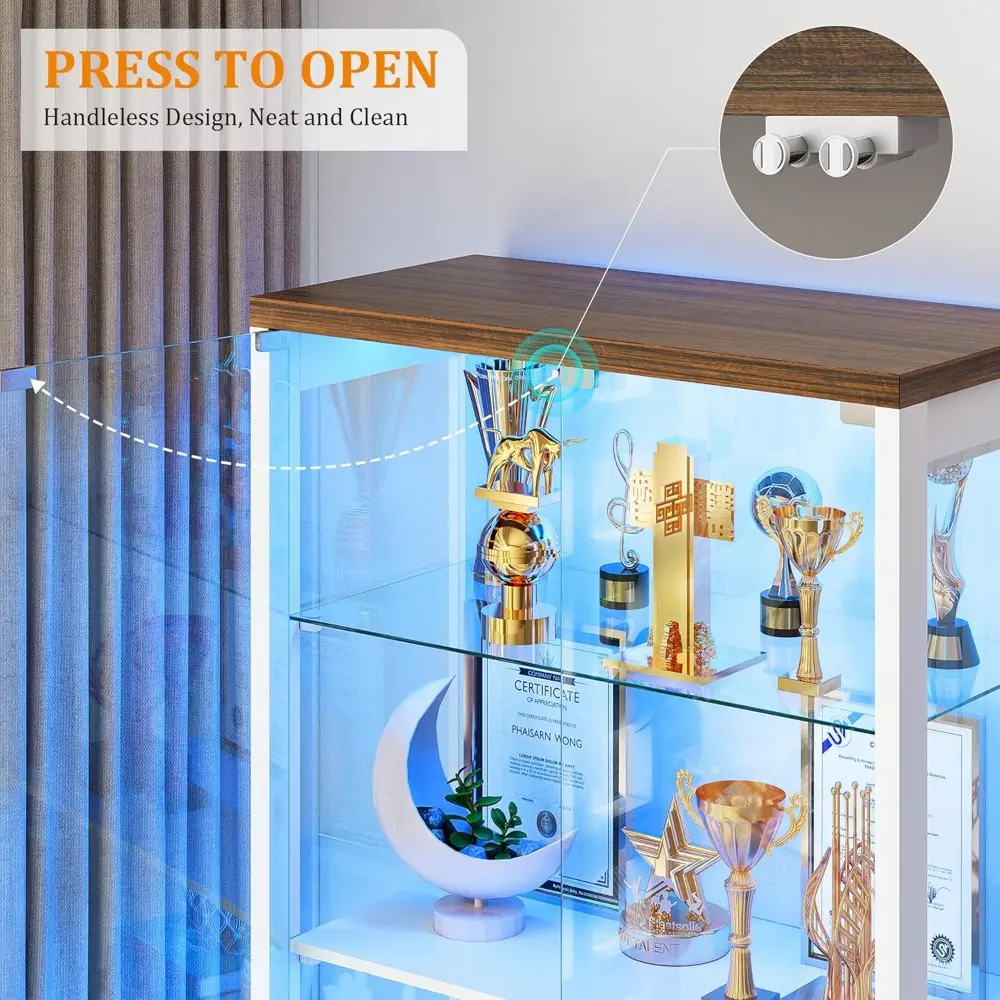 Display Cabinet with Glass Doors,67" Adjustable Display Shelf with 2 Drawers and 4 Tier Curio Cabinet,Tall Bookcase with 3 Color
