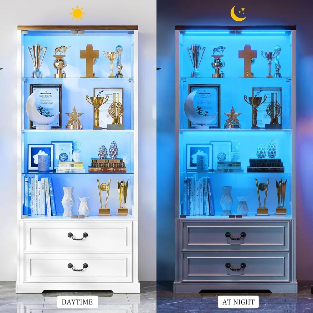 Display Cabinet with Glass Doors,67" Adjustable Display Shelf with 2 Drawers and 4 Tier Curio Cabinet,Tall Bookcase with 3 Color