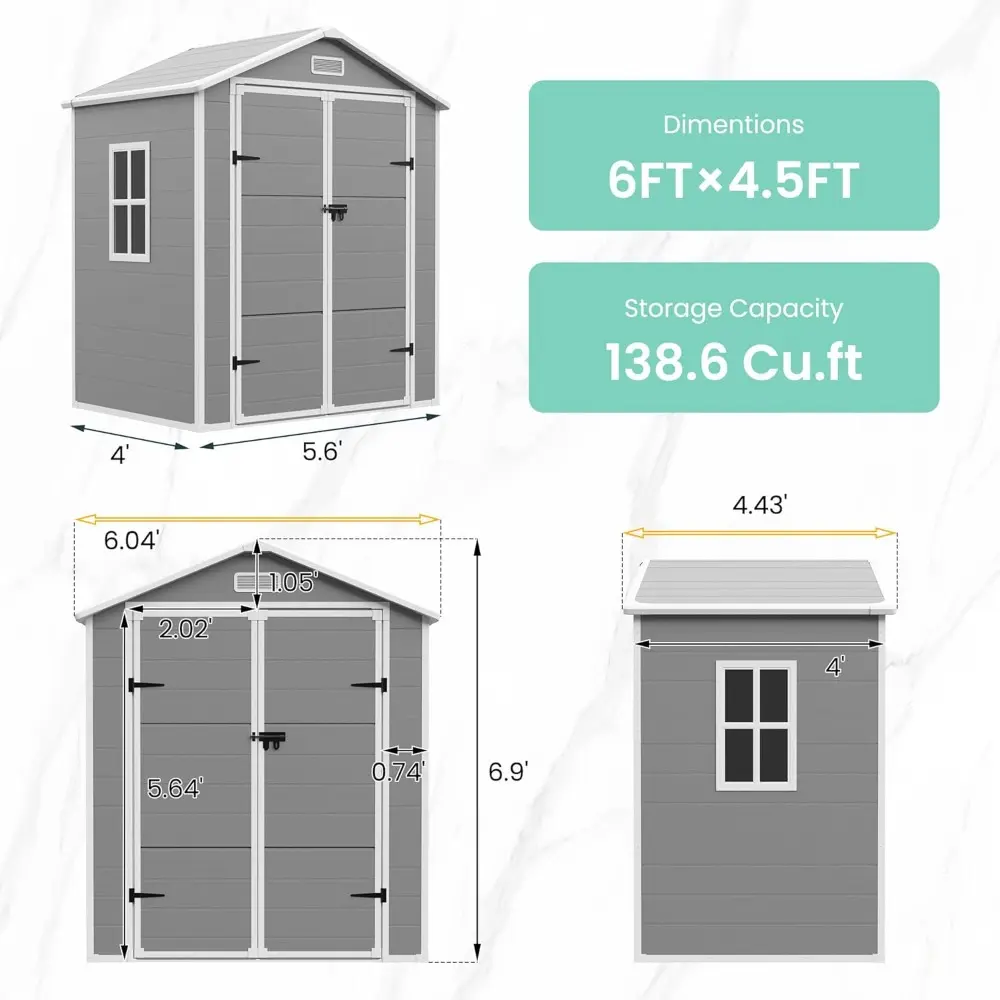 Outdoor Resin Storage Shed 6x4.5 FT, Plastic Garden Shed for Bike, Garbage Can, Tool, Outside Sheds with Lockable Door for Back