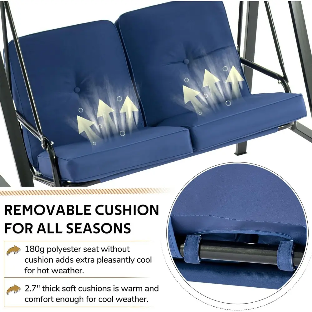 Outdoor Patio Swing Chair for Adults, 2-Seat Porch Swings with Adjustable Canopy, Outside Swing Bench with Removable Cushion, S