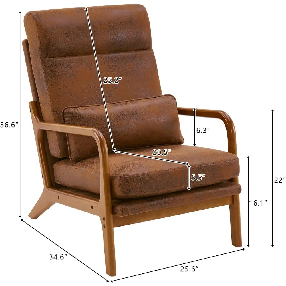 High Back Microfiber Rustic Mid Century Modern Accent Chair, Soild Wood Padding Lounge Armchairs Side Sitting Chairs for Living