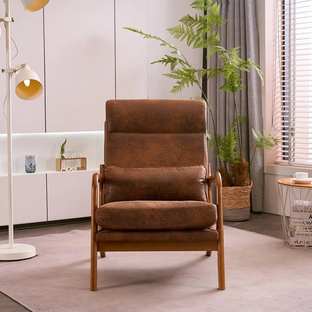 High Back Microfiber Rustic Mid Century Modern Accent Chair, Soild Wood Padding Lounge Armchairs Side Sitting Chairs for Living