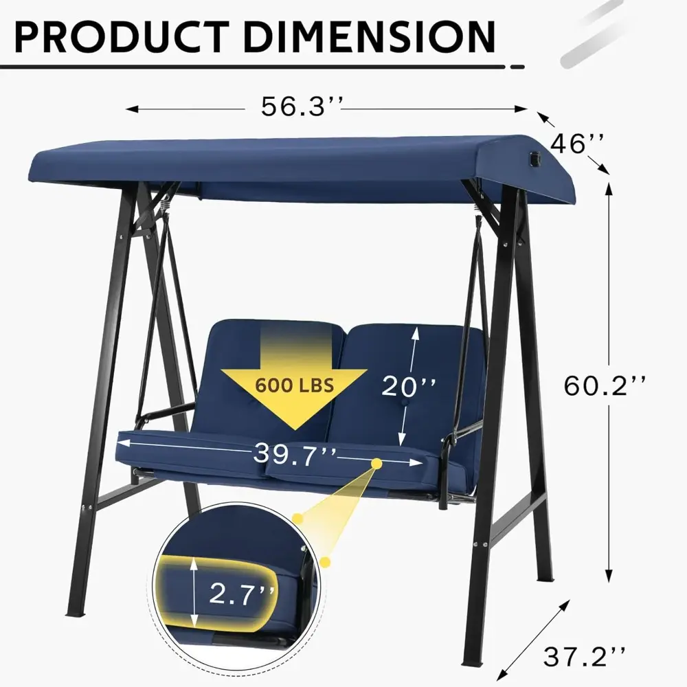 Outdoor Patio Swing Chair for Adults, 2-Seat Porch Swings with Adjustable Canopy, Outside Swing Bench with Removable Cushion, S