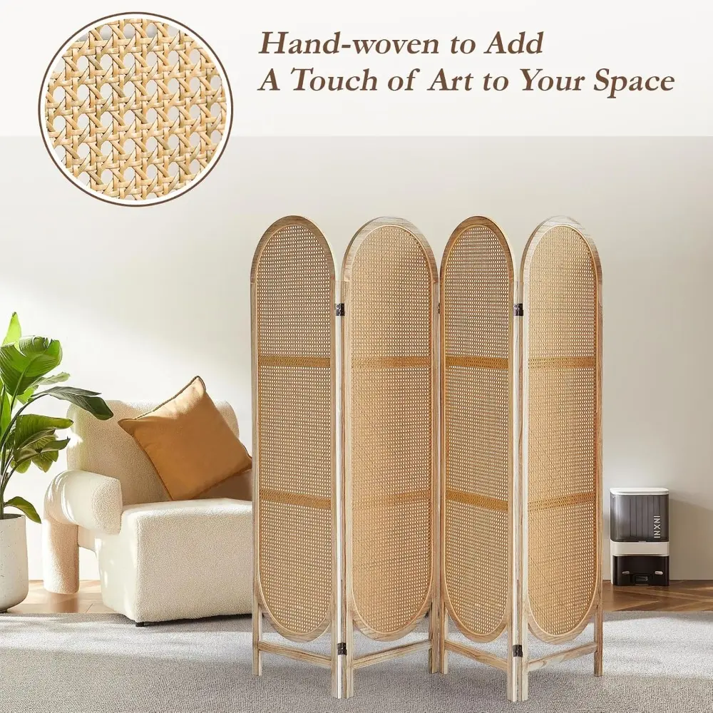 4 Panels Room Dividers Panel, Hand-Woven Rattan Room Divider Wall, Wood Room Divider and Folding Privacy Screens, Freestanding R